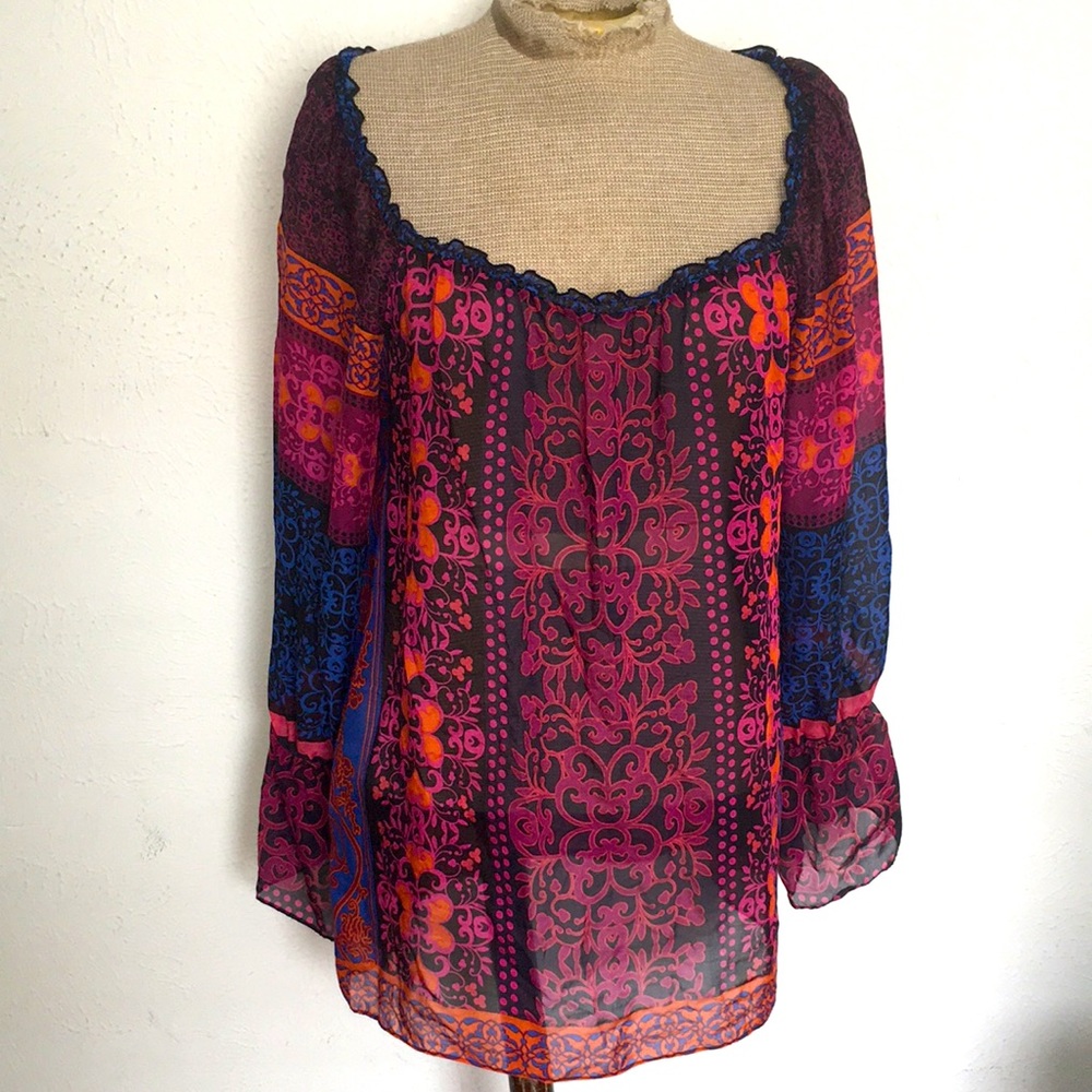 VTG Y2k BOB HALE 100% Silk Printed Sheer blouse Sz M - Picture 1 of 7